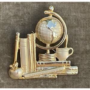 Vintage Teacher School Brooch Pin Gold Tone Signed AJC Student Globe Apple Books